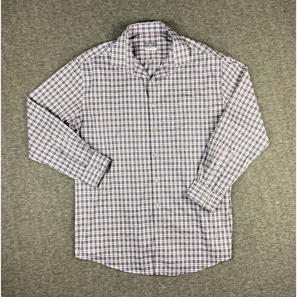 Van Heusen Flex Ultra Stretch Dress Shirt Plaid 17-17.5 32/33 XL Purple Grey